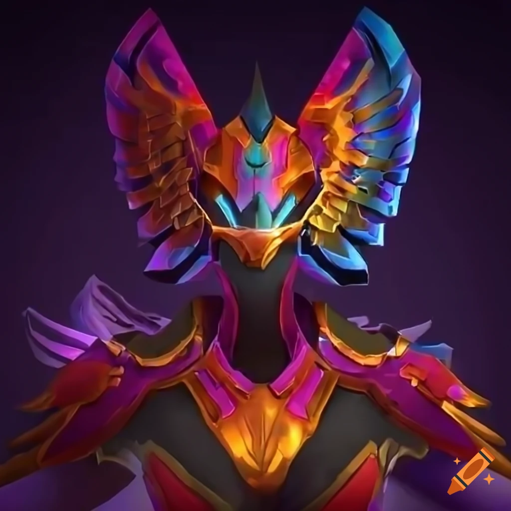 Stylized Valkyrie power armor design with a rainbow plasma phoenix theme