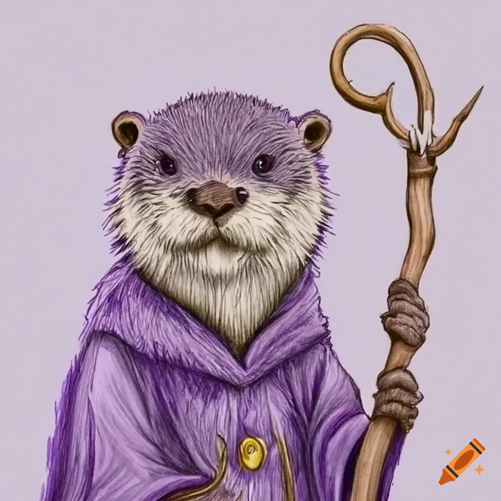 Intricately-detailed pencil drawing of a purple-furred otter wizard with a magical staff
