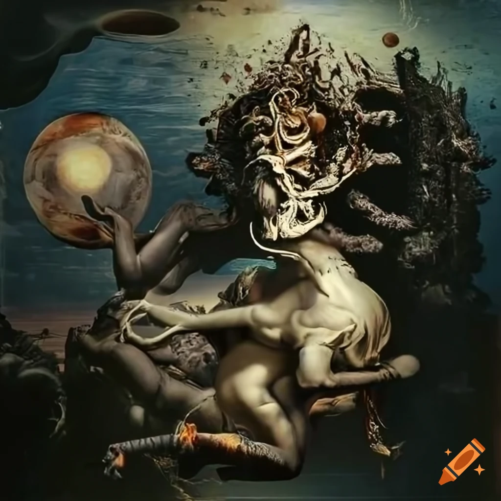 Baroque baron in a landscape inspired by artistic styles like John Martin, H.R. Giger, and Salvador Dali