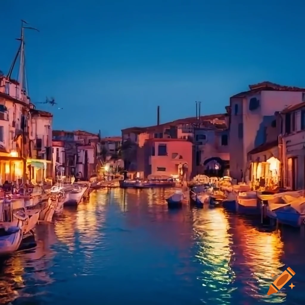 Fishing port in a Mediterranean village at evening with bars and restaurants