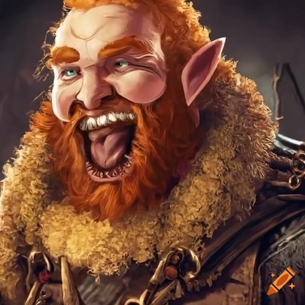 Laughing bearded dwarf with ginger hair enjoying ale at a tavern