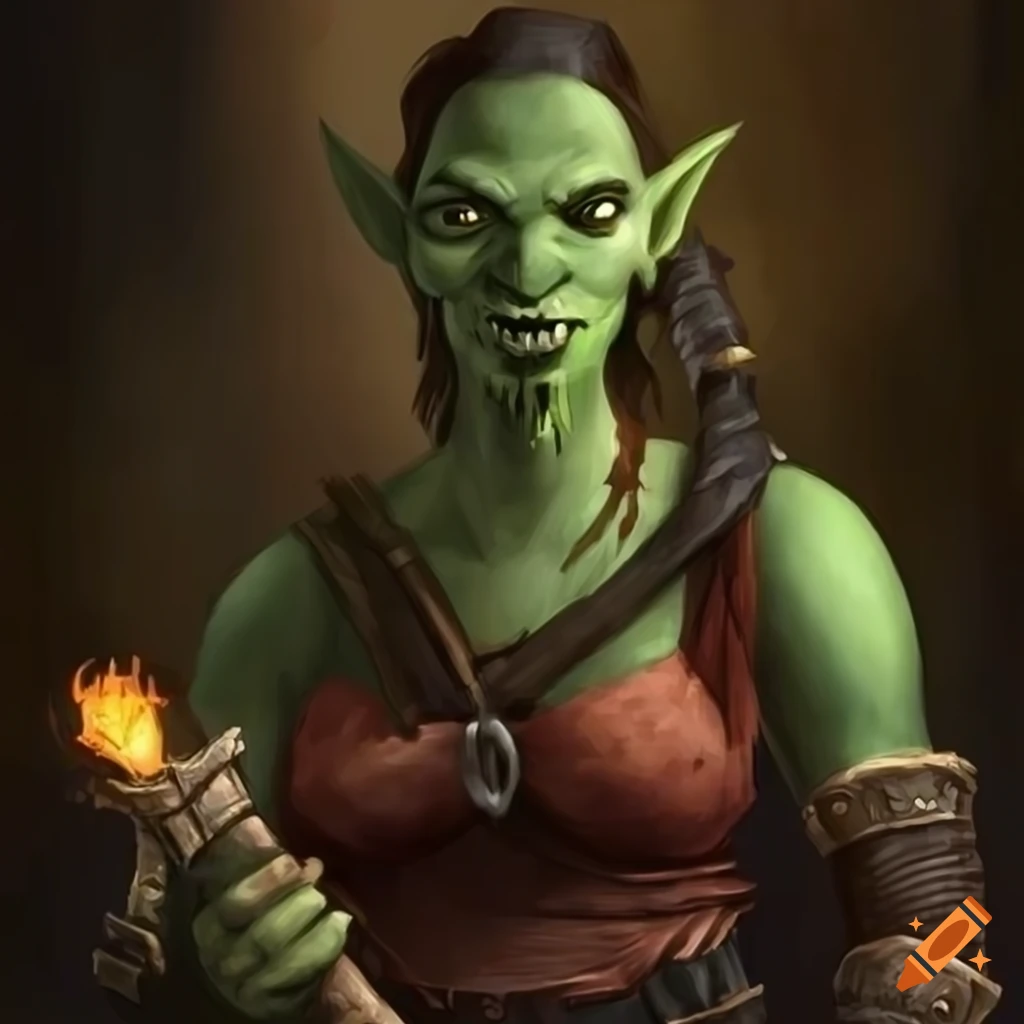 Half-orc female barkeeper with unique features