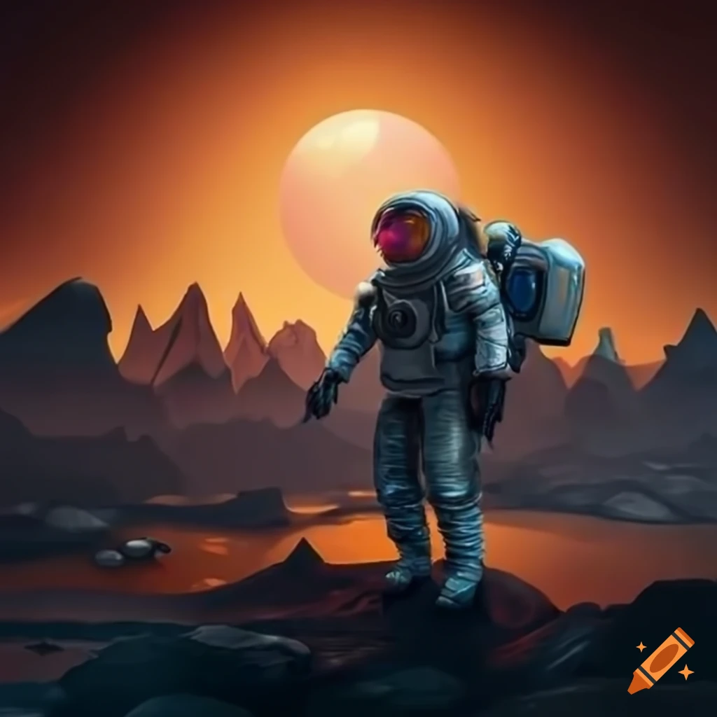 Futuristic monkey astronaut on a distant alien planet