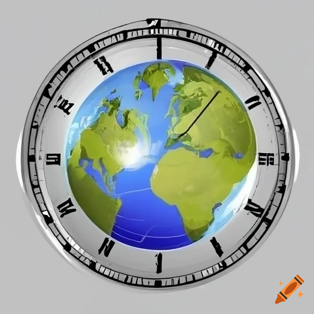 Earth globe centered on Europe with a timepiece clock