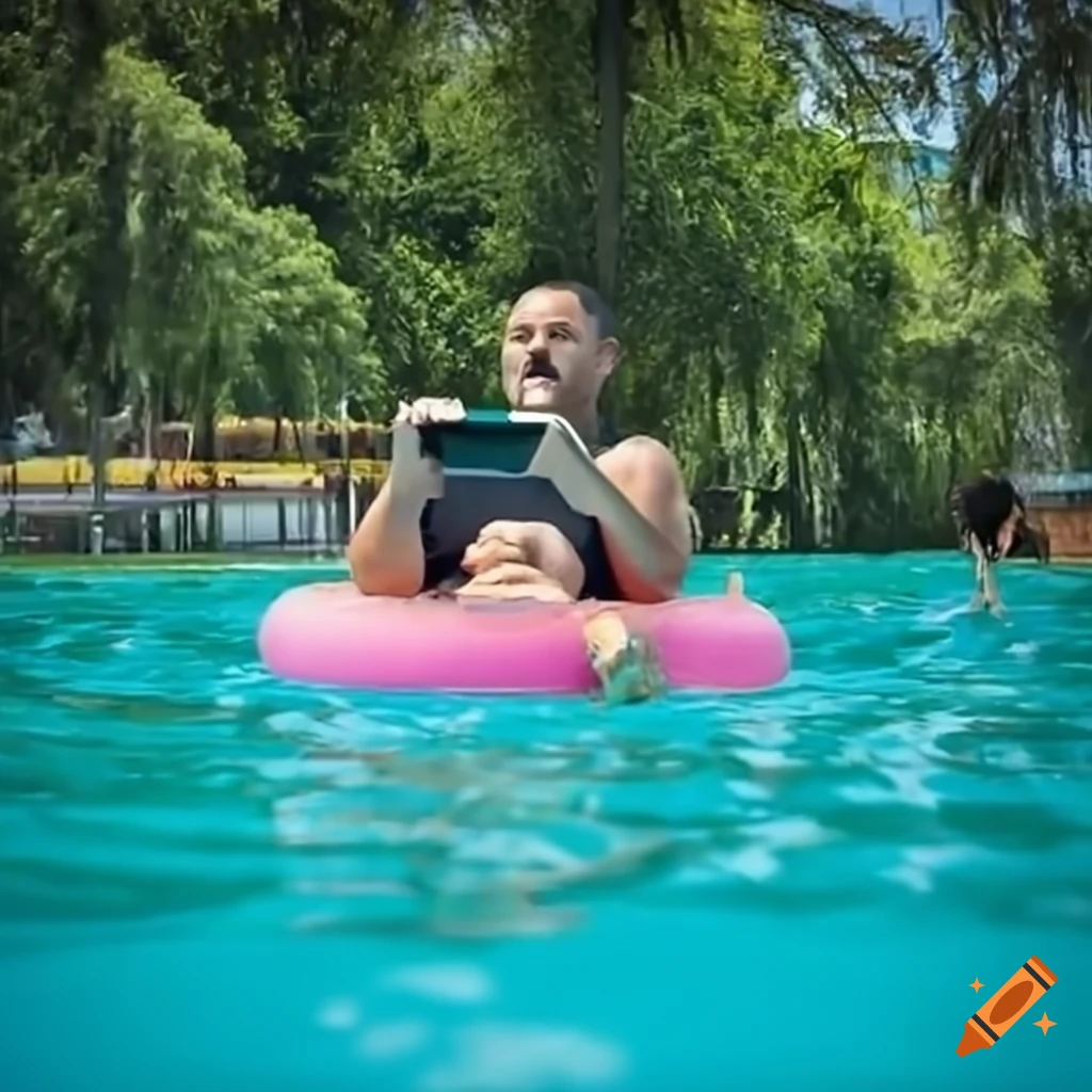 Man on a tube looking at his phone in a waterpark