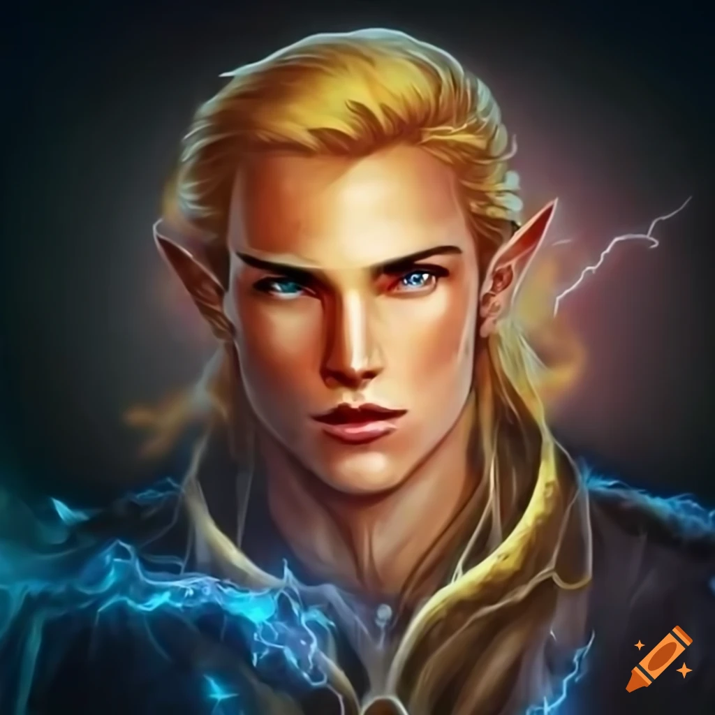 Handsome male elven wizard surrounded by elemental energies