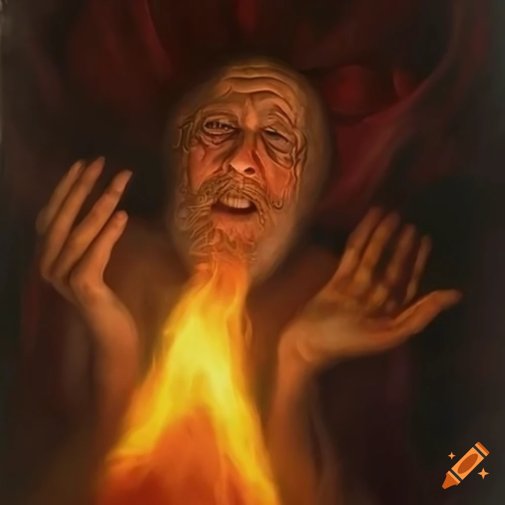 Fantasy wizard channeling fire through his body in an oil painting