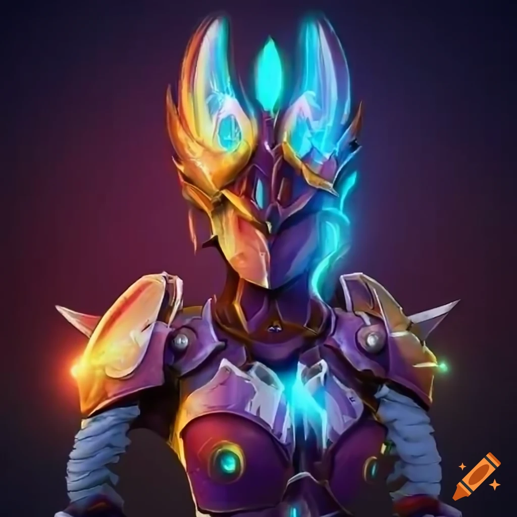Stylized valkyrie power armor design with rainbow plasma phoenix theme