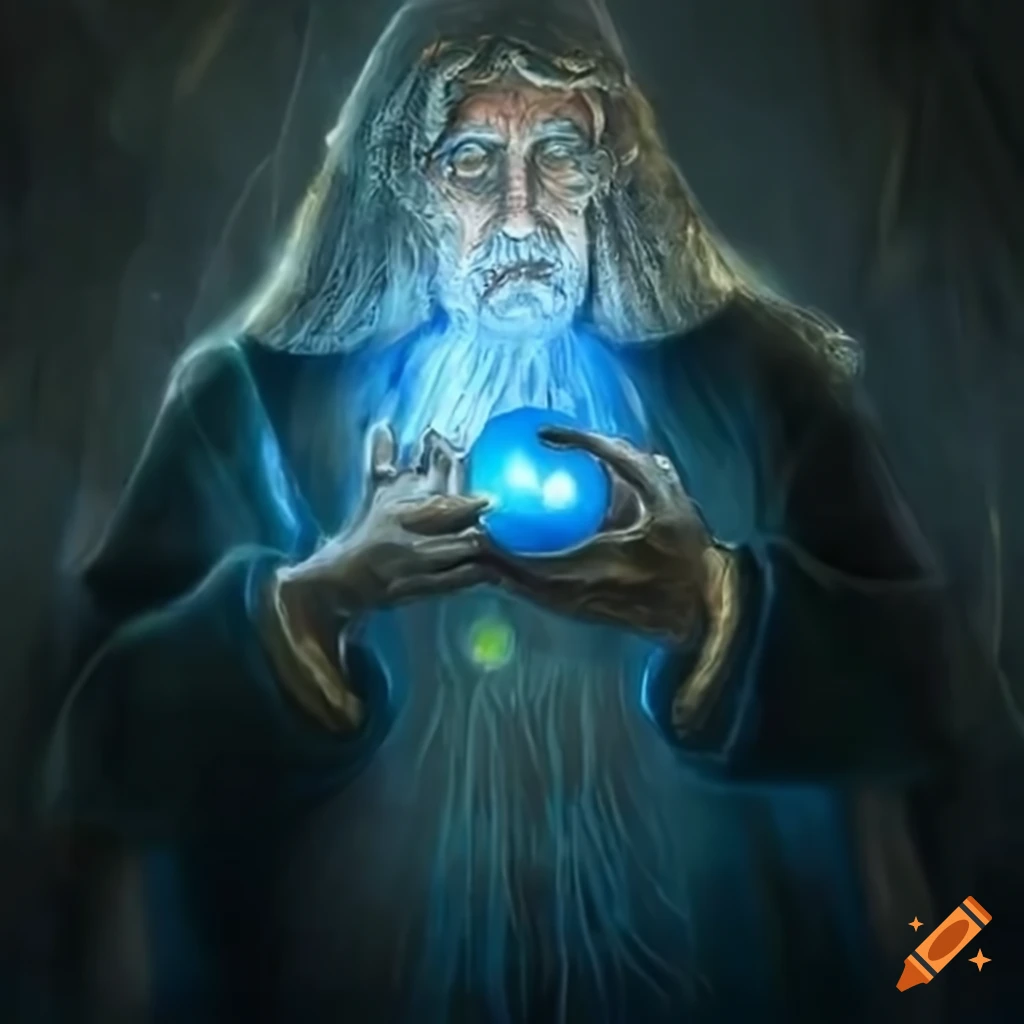 Wizard teaching gnomes magic with blue orb and wand