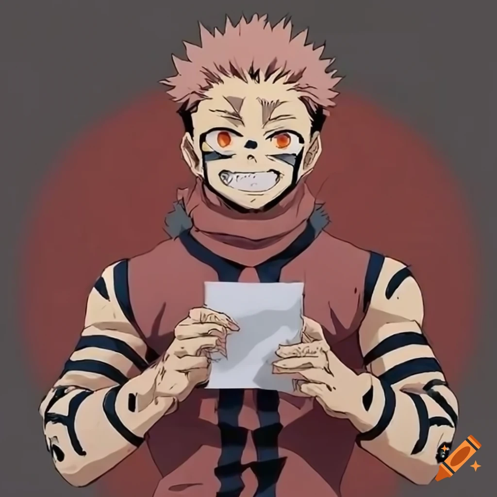 Sukuna holding a paper with French text 'israa viens la'