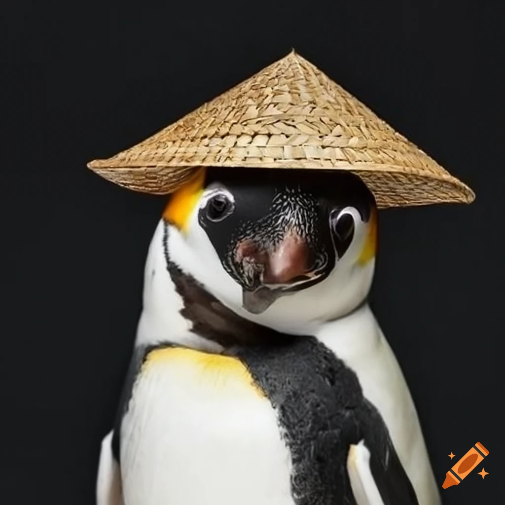 Penguin wearing an Asian conical straw hat