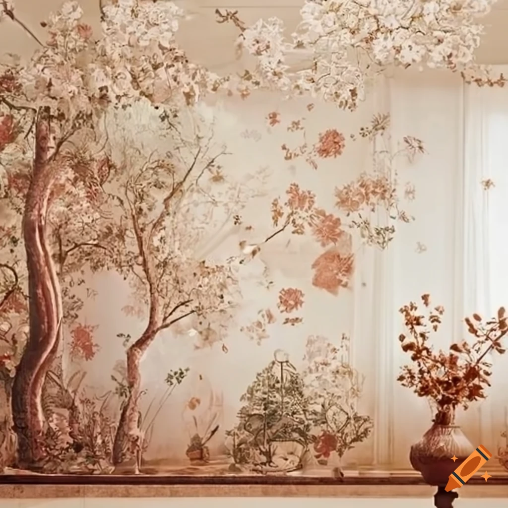 Blooming flowers and trees design in camel and off white colors for room interior