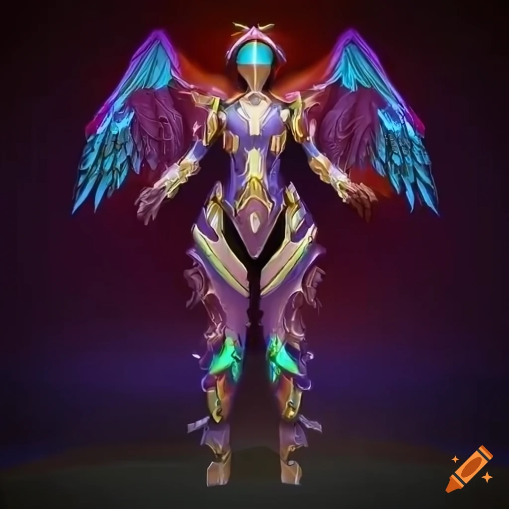 Stylized valkyrie power armor with a rainbow plasma phoenix theme