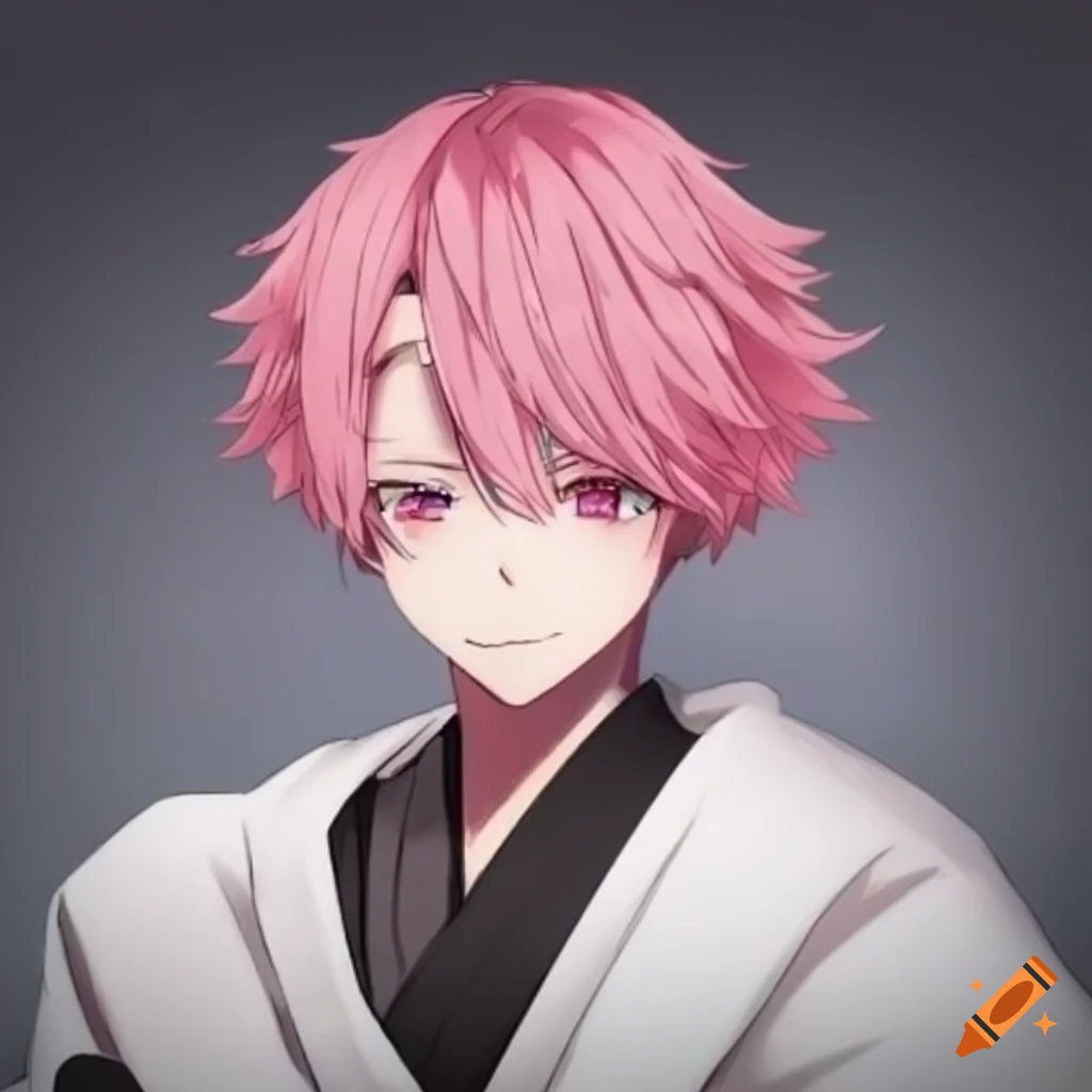 Anime boy with pink eyes and wavy pink hair in kimono and hafuda earrings