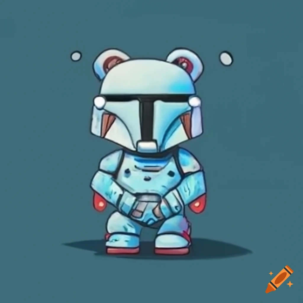 Cute light blue teddy bear in Mandalorian armor facing a stormtrooper