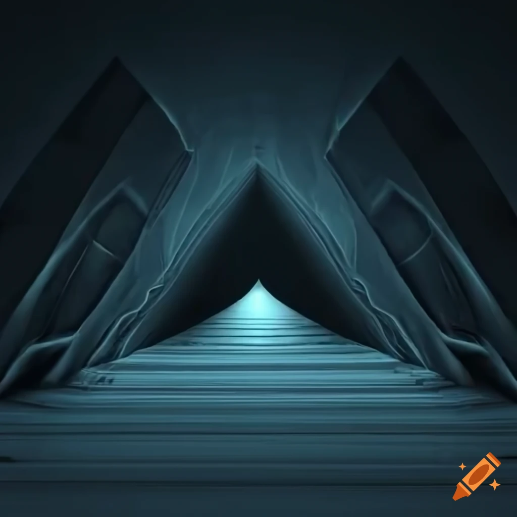 Abstract black spiny-eyed triangular metallic building with Penrose triangles in surreal architecture