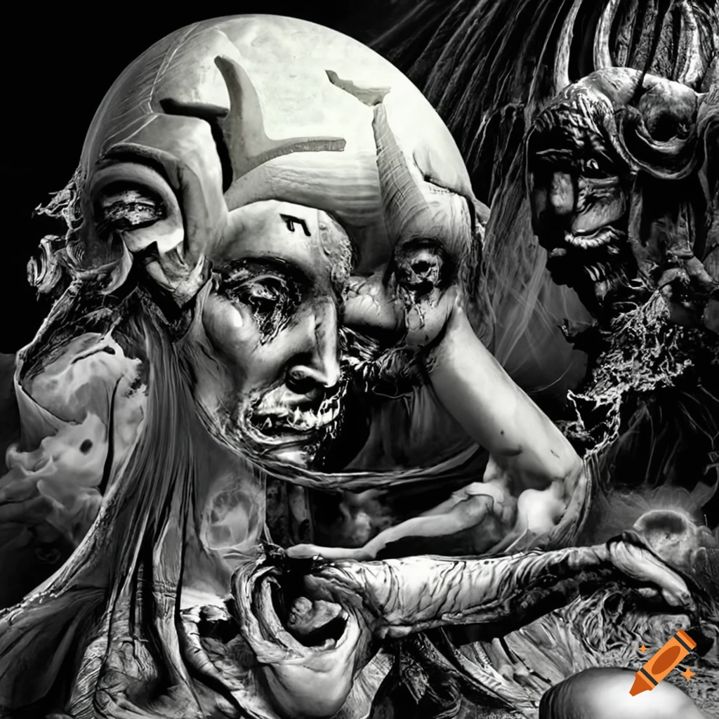 Baroque baron in an acid rock esoteric collage of hell-inspired landscape with expressionist line drawing elements