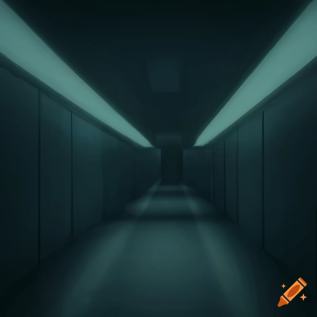 Dark high-tech hallway in Pokemon art style with dim fluorescent lighting