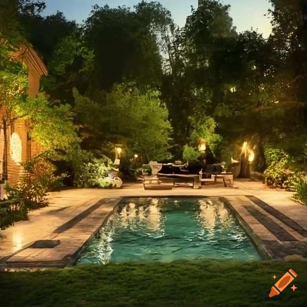 Charming Mediterranean cottage with pool and outdoor dining area surrounded by greenery and fairy lights