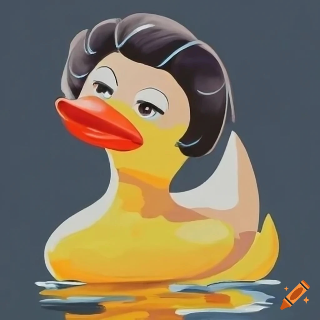 1930s woman transforming into a rubber ducky in oil paints