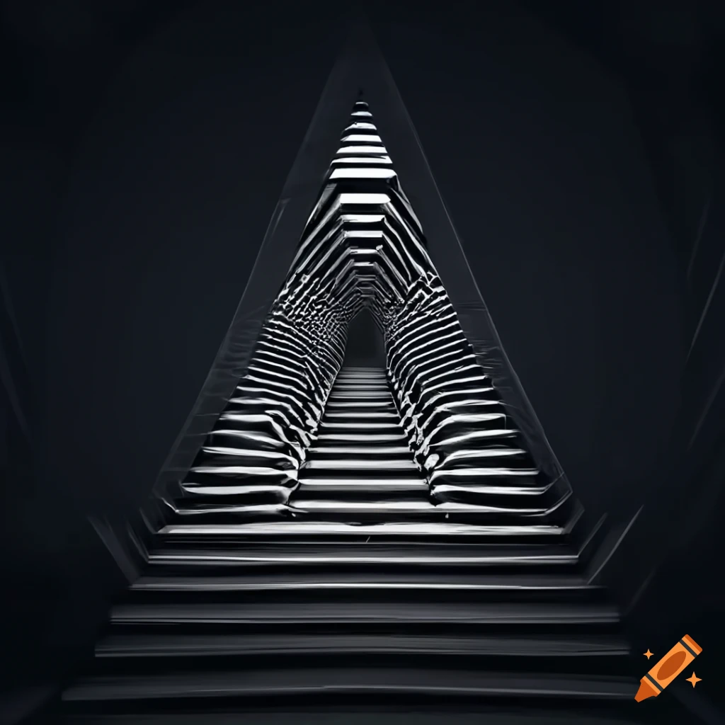 Abstract black spiny-eyed triangular metallic building with Penrose triangles in surreal architecture
