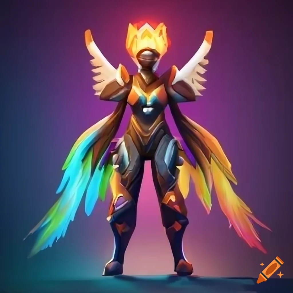 Stylized Valkyrie power armor design with a rainbow plasma phoenix theme