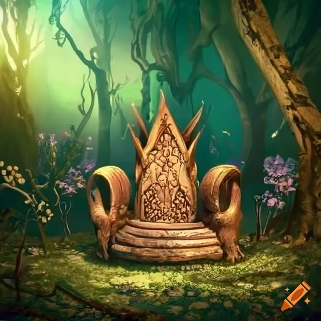 Picturesque garden with megalith throne for tribal chief made of branches and animal hides