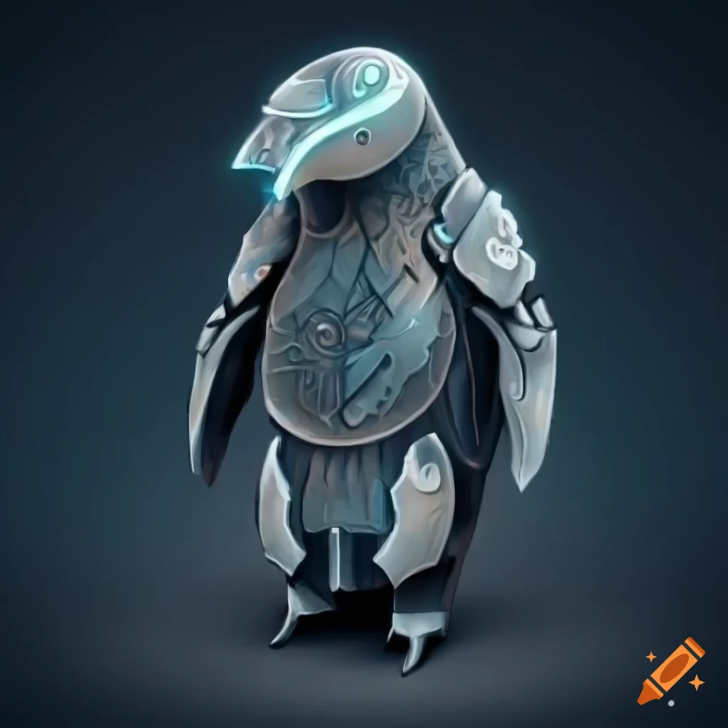 Cybernetic penguin armor with Norse design