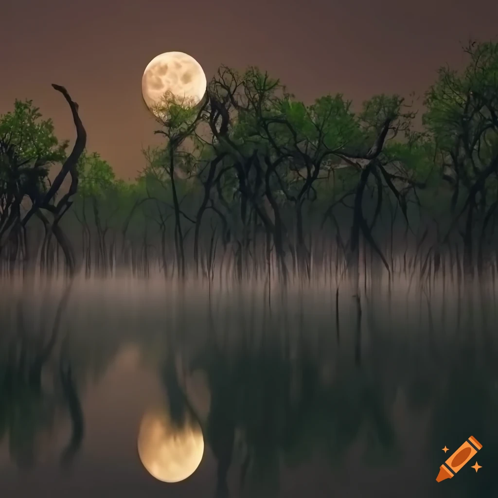 Moonlit wetlands with twisted mangrove trees and reflective waters