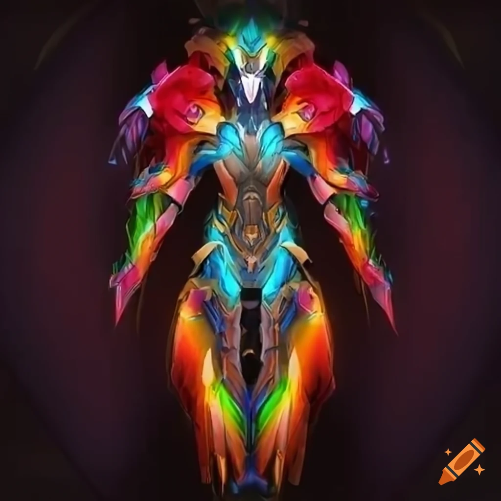 Stylized valkyrie power armor with rainbow plasma phoenix design