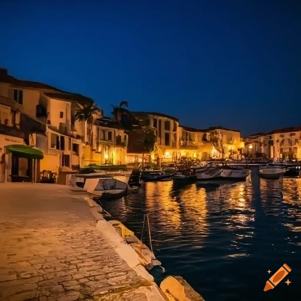 Fishing port in a Mediterranean village at evening with bars and restaurants