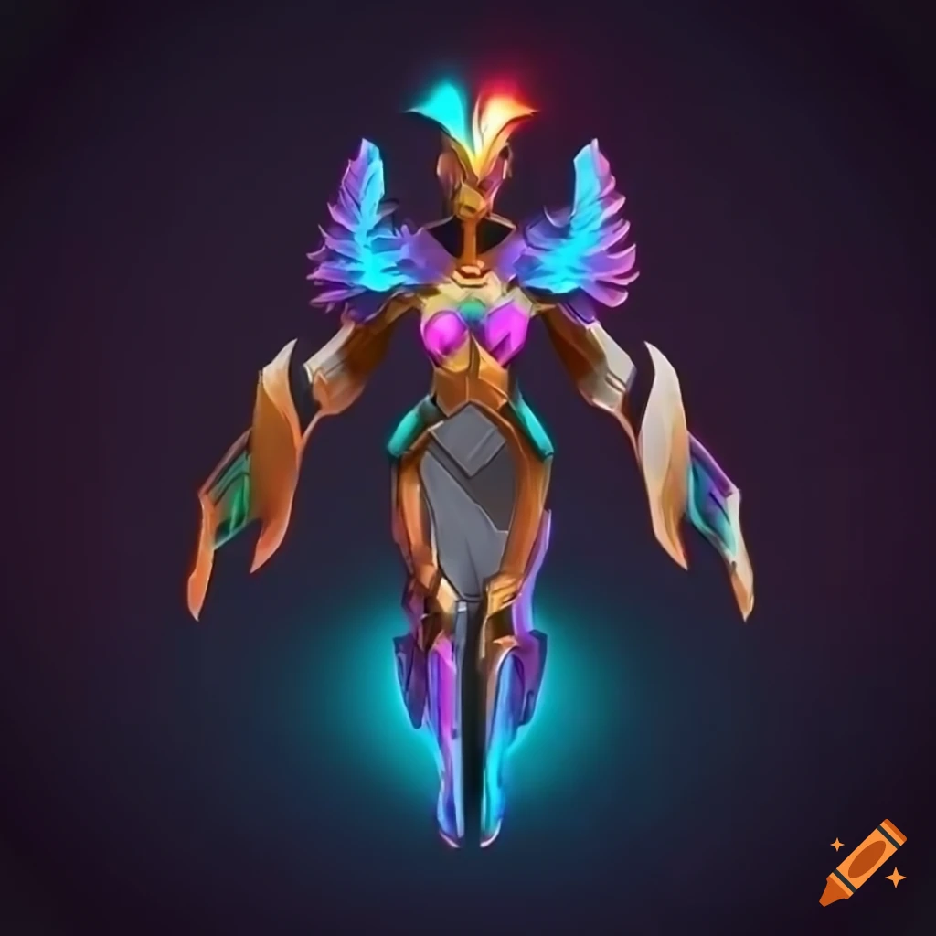 Stylized Valkyrie power armor design with a rainbow plasma phoenix theme