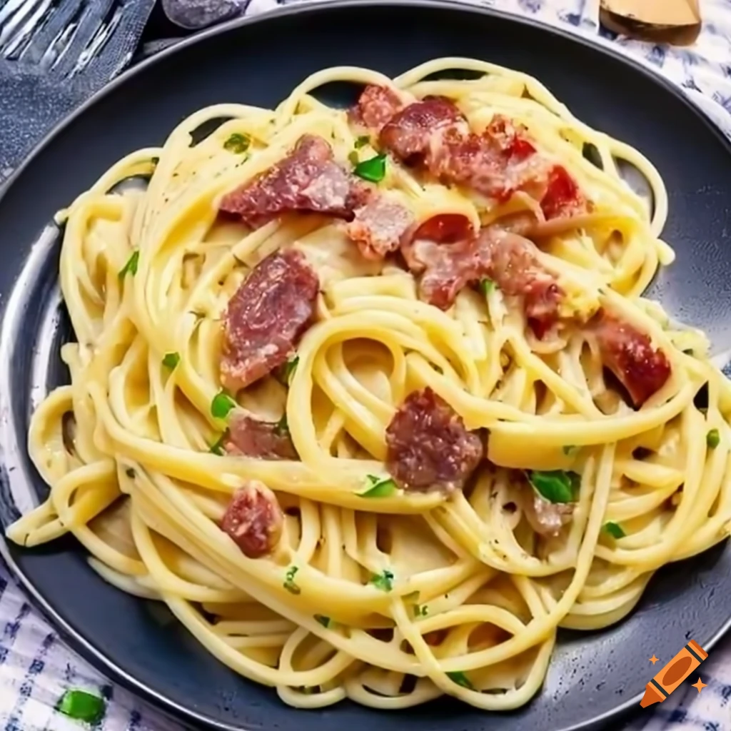 Savory carbonara pasta with creamy sauce on checkered table