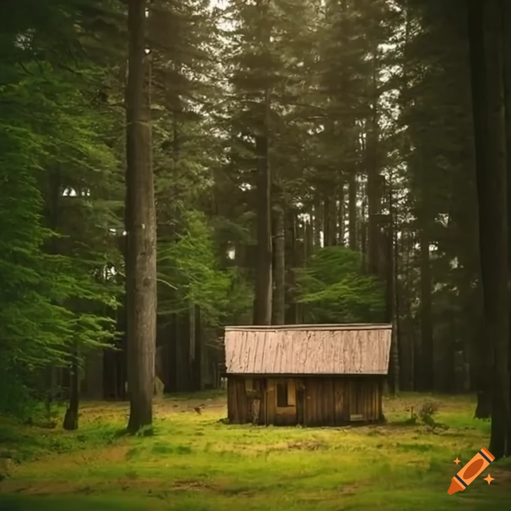 Wooden house nestled in the forest