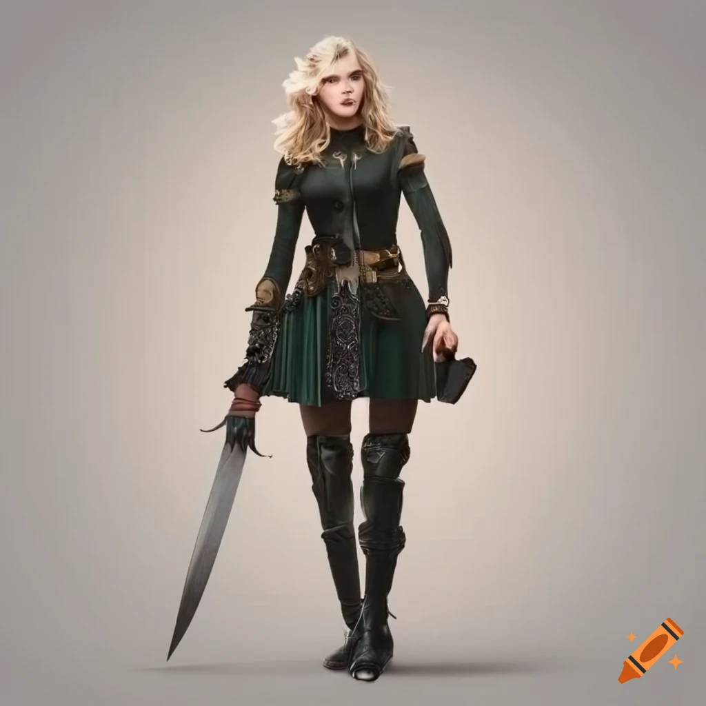 Blonde woman in black military outfit with a dagger