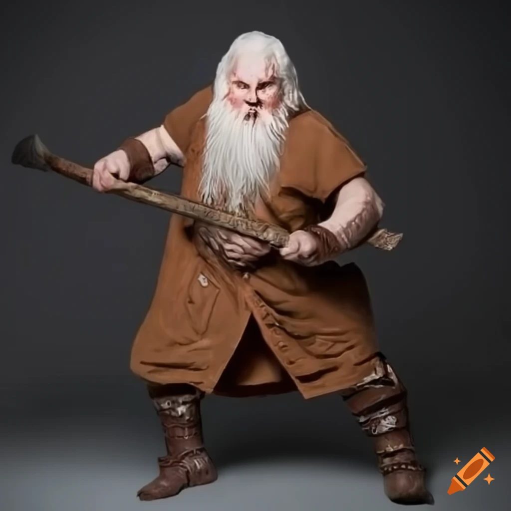 White bearded Dwarf from Middle-earth in full body attack position with axe