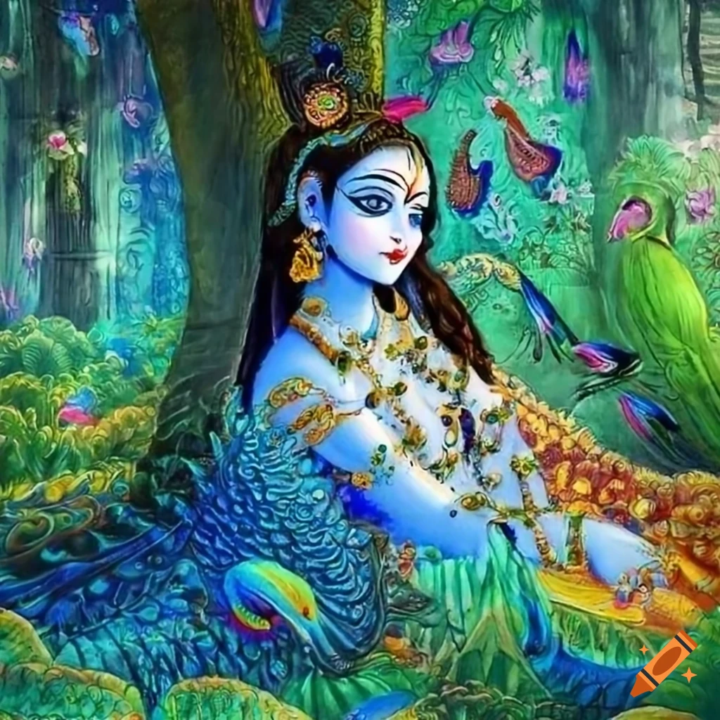 Intricately detailed Radha and Krishna painting with peacocks and birds in a lush garden