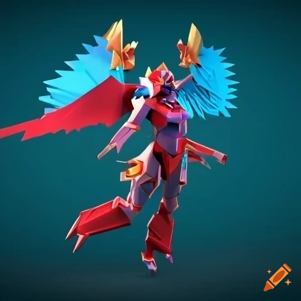 Stylized origami aztec valkyrie mecha render
