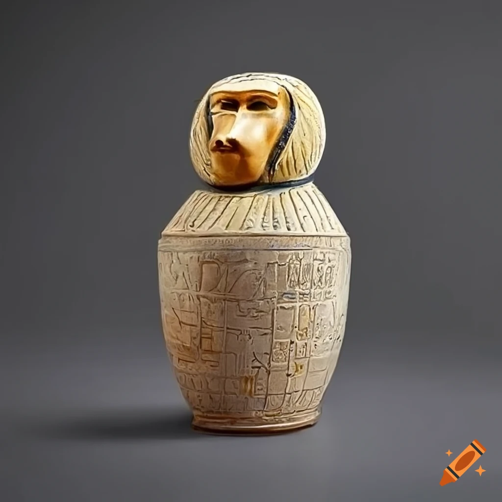 Ancient Egyptian baboon Canopic Jar intricately adorned with hieroglyphs