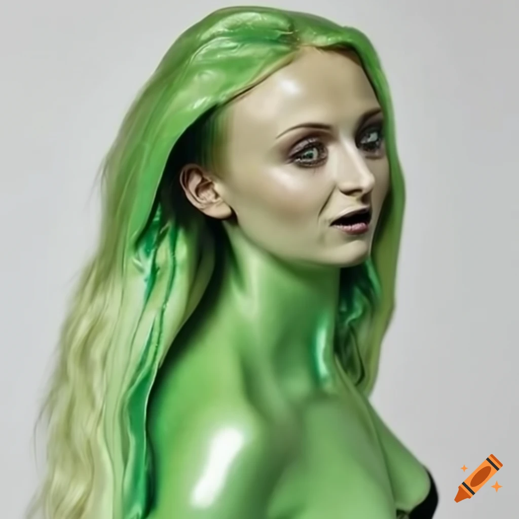 Sophie Turner depicted as a shiny metal green latex lizard humanoid