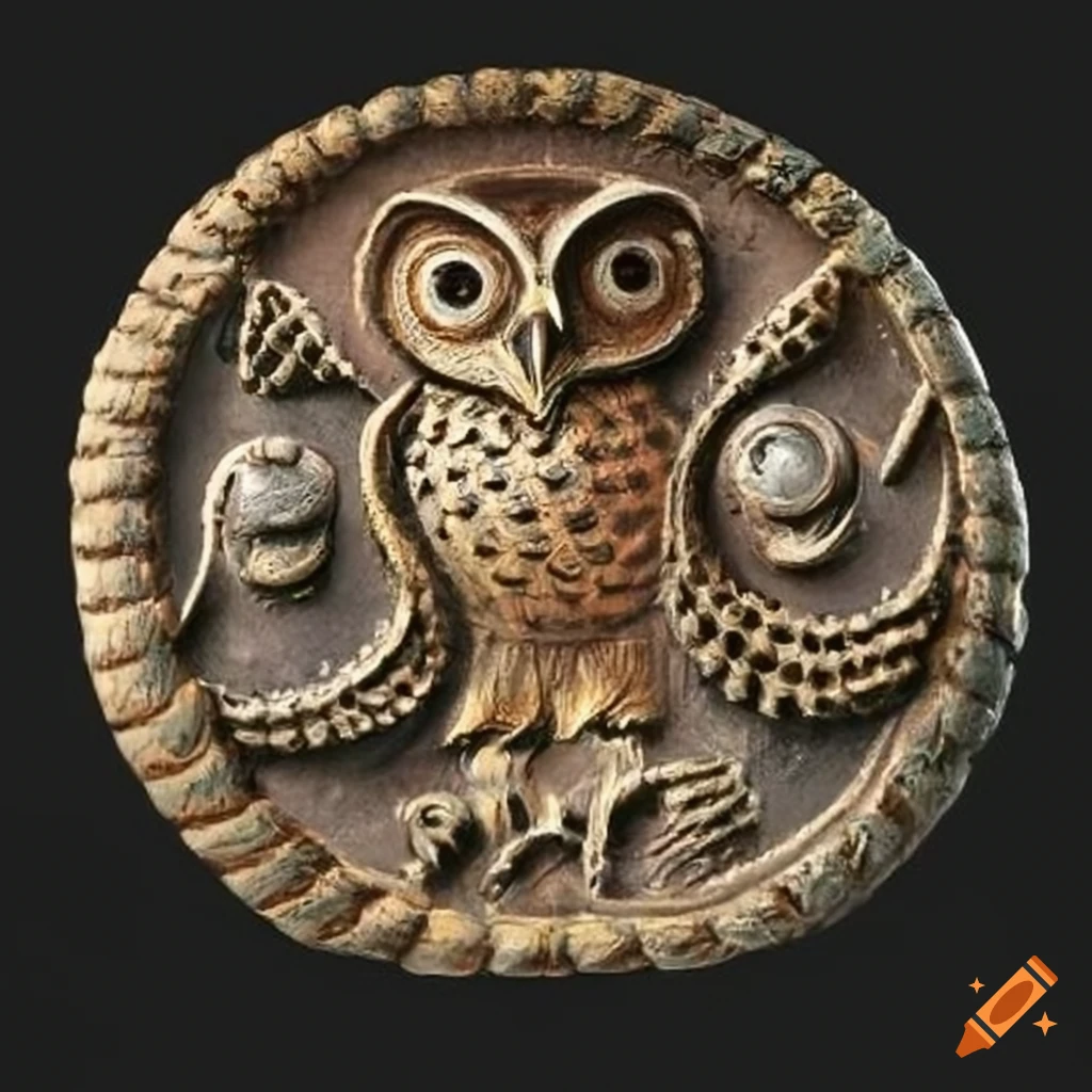 Intricately-designed ancient coin with an owl emblem