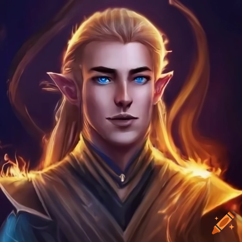 Handsome male elven wizard surrounded by elemental energies
