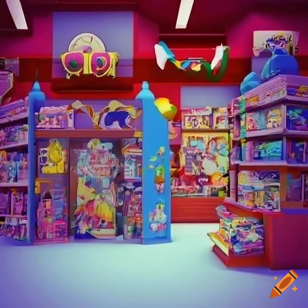 Interior of a toy store in 3D anime art style