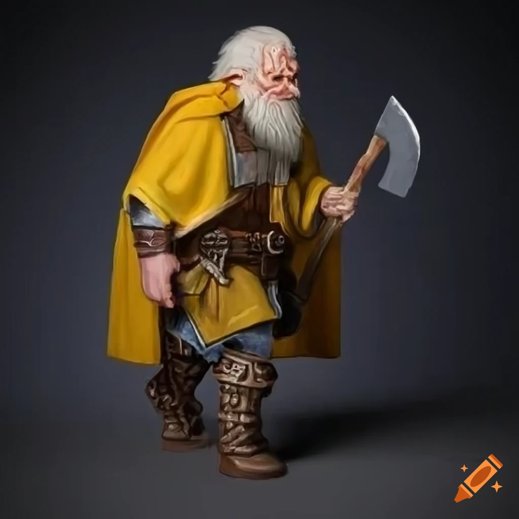 White bearded Dwarf from Middle-earth with an axe in attacking position