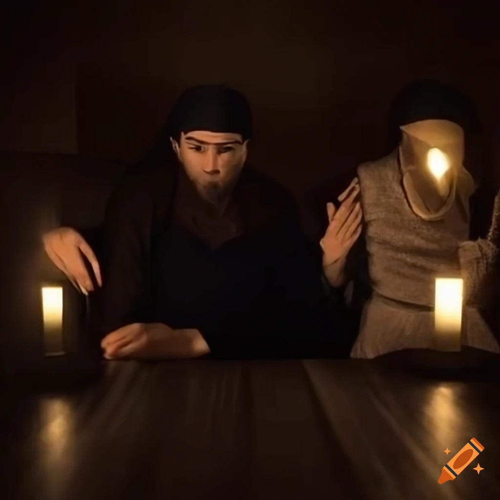 Two men disguised as thieves discussing at a dimly-lit table