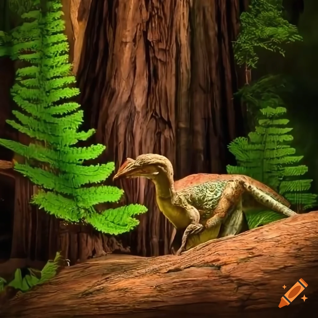 Hypsilophodon dinosaurs among ferns in a redwood forest