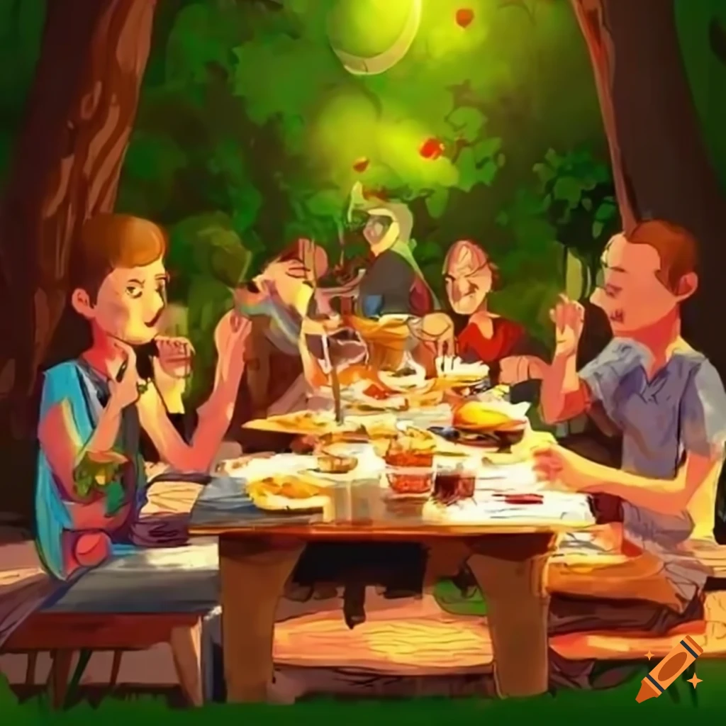 Party on the playground with neighbors, trees, eating, drinking, and barbecuing
