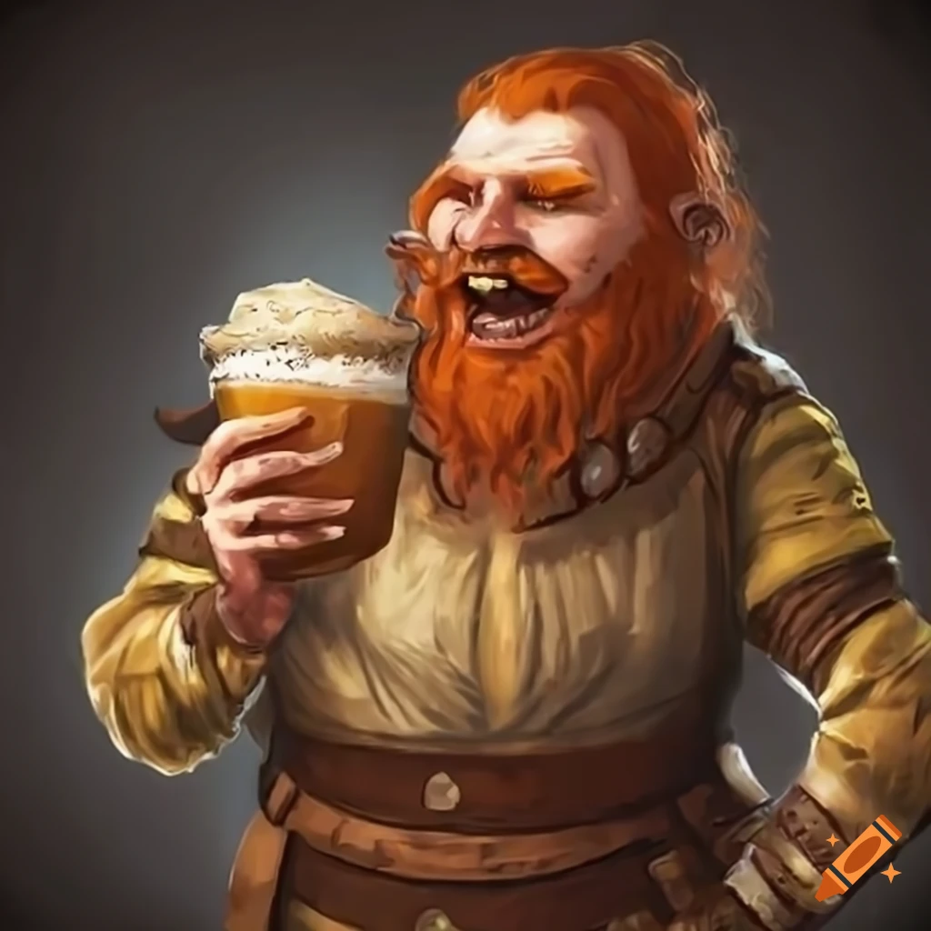 Laughing bearded dwarf from Baldur's Gate tavern drinking ale