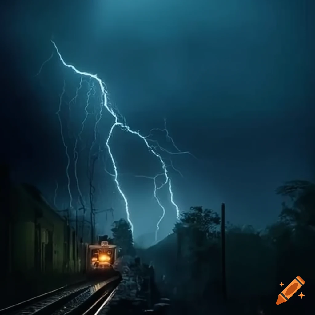 Man looking scared in a train during heavy rain and thunderstorms
