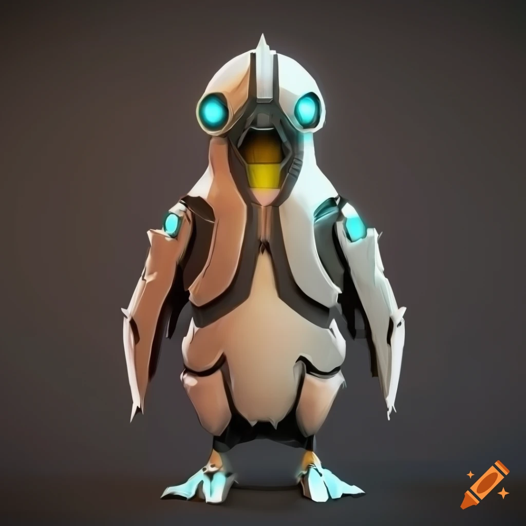 Cybernetic penguin armor design in stylized render